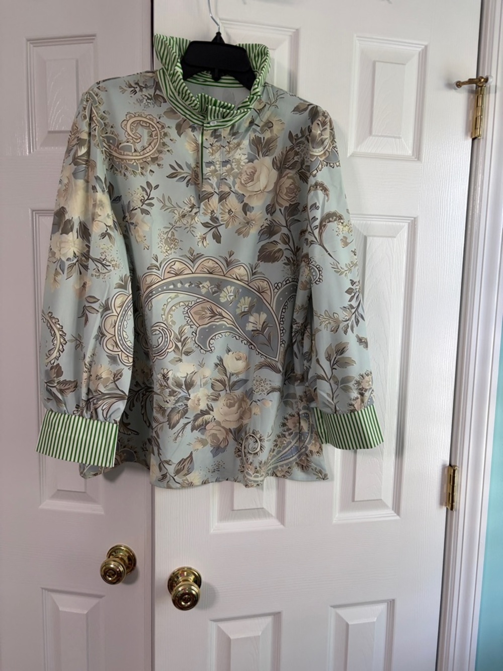 NWOT Floral Paisley Long-Sleeve Blouse in Soft Mint and Beige
Never worn